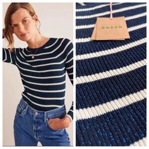 Boden Navy & White Striped Metallic Crewneck Sweater